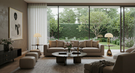 Elegant living room with a cozy sofa and beautiful garden view.