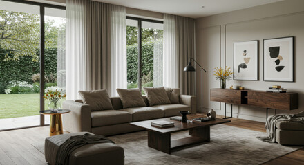 A luxurious living room with modern decor, overlooking a lush green garden outside.