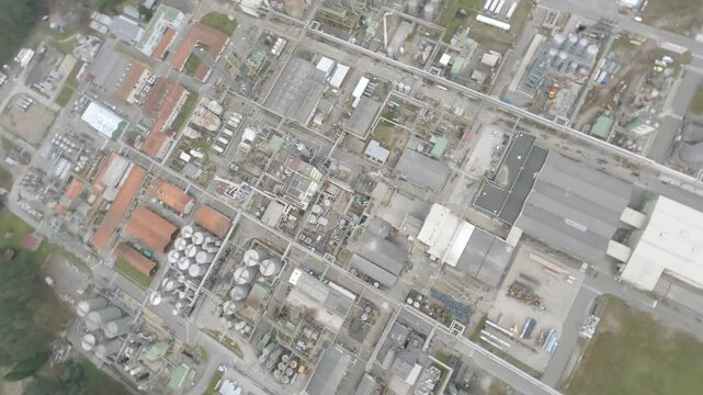 Aerial view of industrial complex in Saint-Girons, France. Drone Fpv