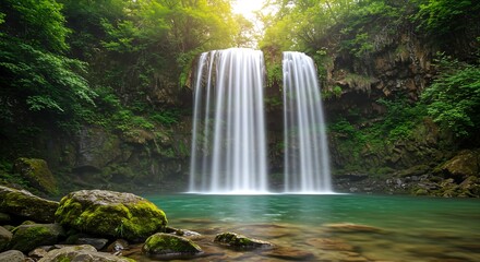 Dramatic Waterfall Flowing Over Mossy Rocks into Clear Pool with Sunlit Mist Generative AI