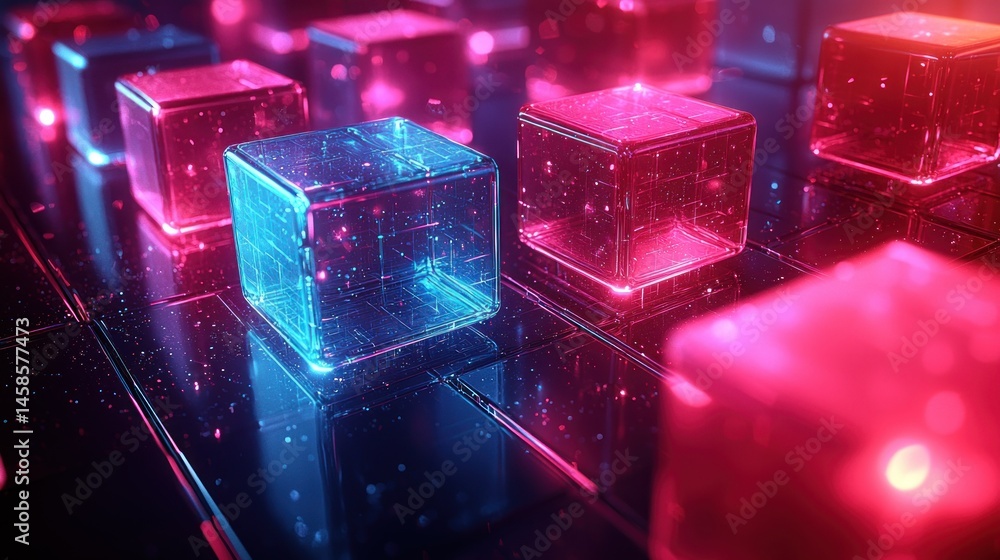 Wall mural array of transparent cubes with glowing interiors