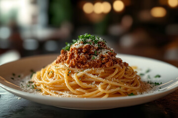 Delicious Plate of Spaghetti Bolognese with Parmesan and Herbs in Elegant Setting
