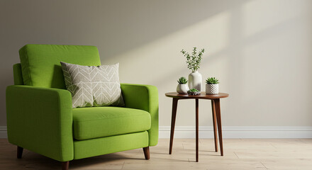 Chic Lime Green Armchair: Modern Accent Seating with Decorative Pillows. Bright & Inviting Interior Design Featuring a Wooden Side Table with Minimalist Greenery in Sunlight.