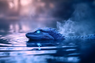 A blue dragon with glowing eyes swimming in dark water under a cloudy and slightly pink sky scene
