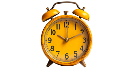 Vintage Yellow Alarm Clock Showing Twelve O'Clock, cut out transparent