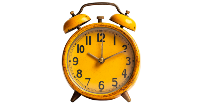 Vintage Yellow Alarm Clock Showing Twelve O'Clock, cut out transparent
