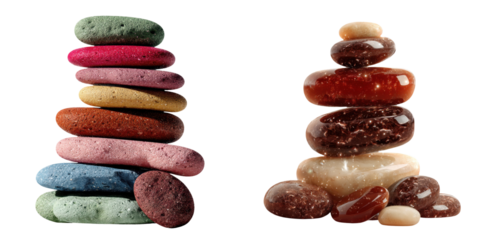 Summer vibe clipart concept for skincare and beauty packaging design. Stacked colorful stones arranged in two distinct towers