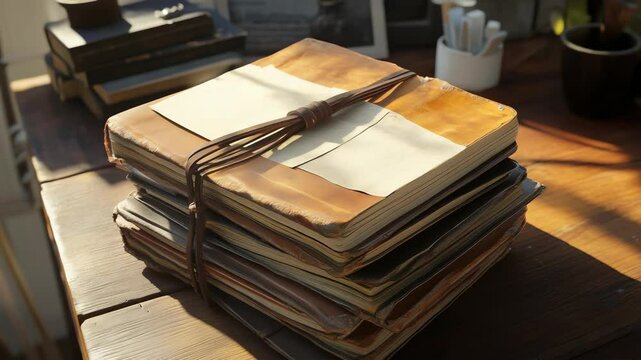 Collection of old notebooks stacked on a wooden table with warm afternoon light illuminating the workspace