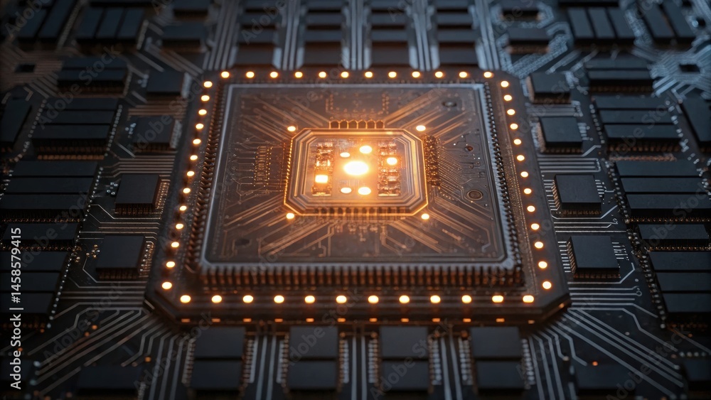 Poster close-up of a glowing microchip on a dark circuit board, showcasing intricate electronic pathways an