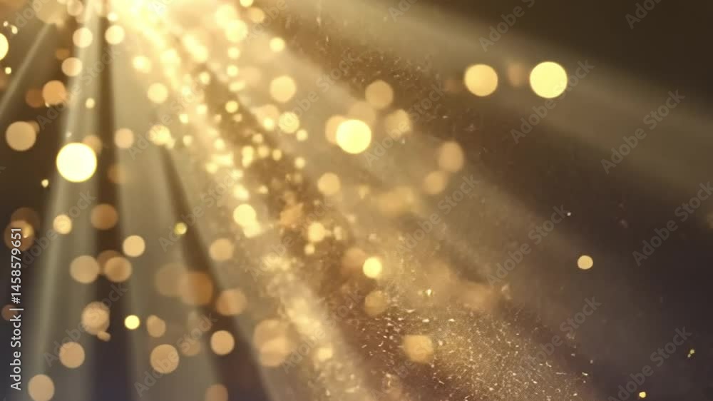Poster bright golden light beams and shimmering particles create magical atmosphere filled with soft bokeh 