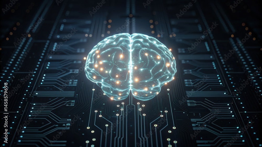 Poster a futuristic brain design over a circuit board, symbolizing artificial intelligence and technology i