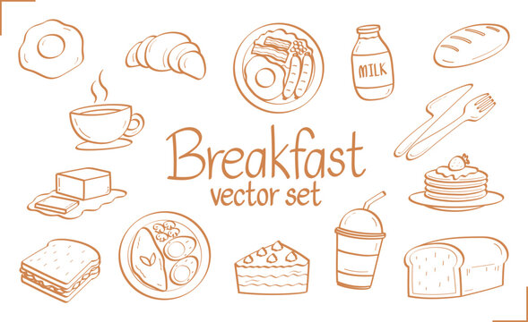 Naklejki hand drawn line drawing breakfast graphic element vector set