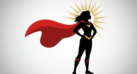Silhouette of a Powerful Woman in Superhero Costume with Radiant Sunburst