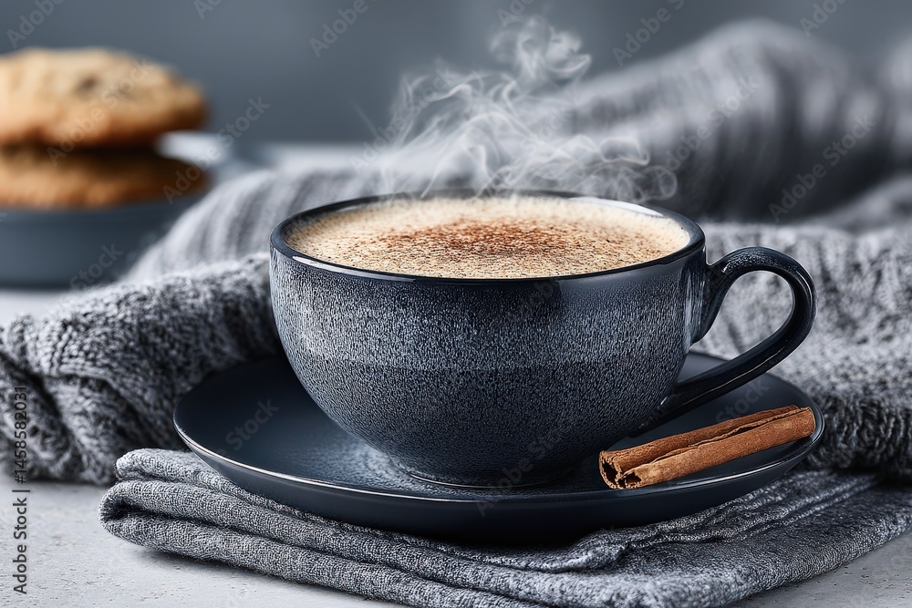 Poster warm steaming cup of coffee resting on a soft cozy sweater with cinnamon stick and blurred cookies i