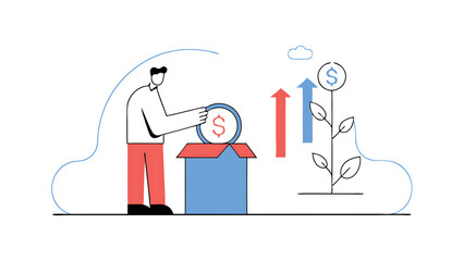 roi return on investment performance measure from cost invested and profit efficiency marketing cost to get campaign success concept businessman invest money coin in roi box to get return profit