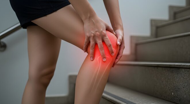 AI image features a close-up of a person clutching their knee on stairs, experiencing pain indicated by a red inflammation overlay