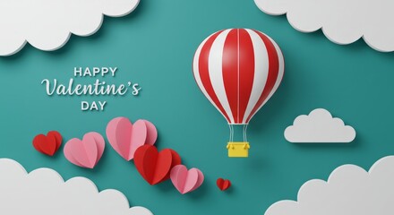 Fototapeta premium Valentine's Day Card with Hot Air Balloon and Hearts in Paper Cut Style