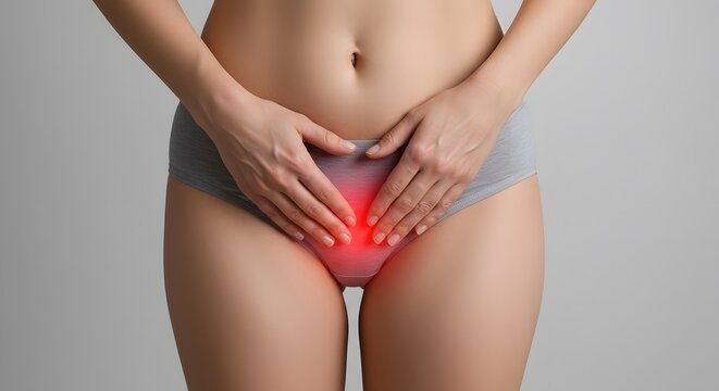 ai image featuring a close-up of a woman in underwear holding her lower pelvic area, highlighted red indicating pain or discomfort