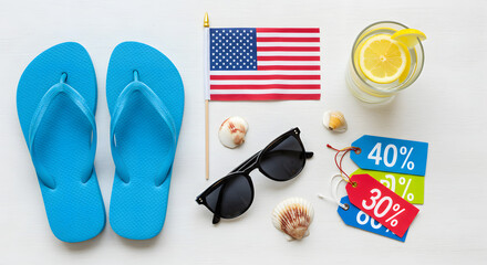 sweet summer shoes, red heart sunglasses, and travel accessories isolated
