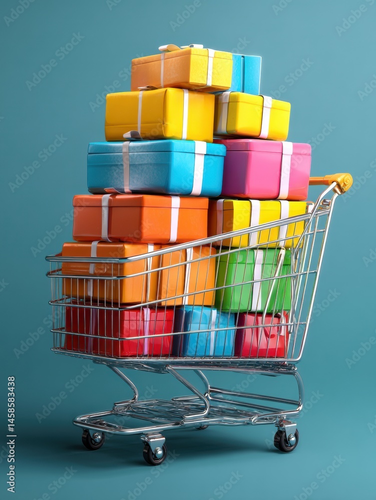 Poster checkout page shows a shopping cart overflowing with colorful gift boxes ready for purchase generati