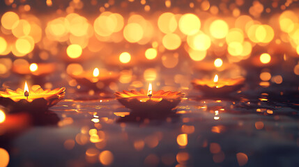 Tranquil scene of small candles with warm light, reflected on a surface, with a blurred background of golden lights.