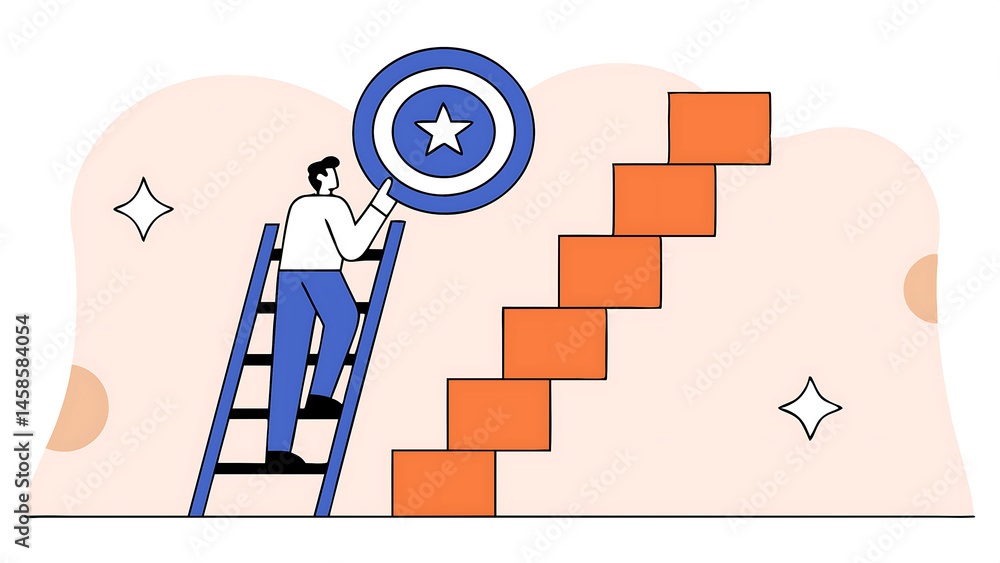 Poster ladder to reach goal target and achievement challenge to find success business objective or purpose 