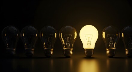 AI image depicts a line of identical lightbulbs against a dark background, with one single bulb brightly glowing among others now