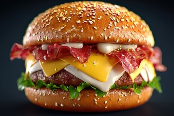 Juicy gourmet hamburger overflowing with crispy bacon layers melted cheese fresh lettuce and creamy sauces placed against a dark background presenting a mouthwatering culinary delight