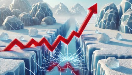 Red arrow breaking through frozen surface as symbol of rising sales, economic growth or marketing success in icy metaphorical landscape