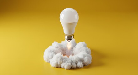 AI image displays an LED lightbulb rocket launching powerfully from a cloud base, complete with exhaust, against a yellow background now
