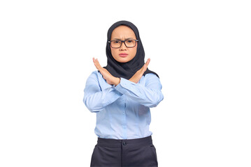 Portrait of annoyed young Asian woman crossing hands makes stop gesture, demonstrates rejection...