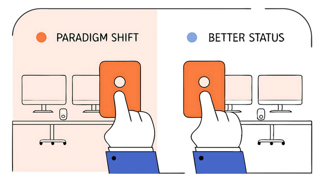 turn on switch paradigm shift or change to be better status start or begin business setting or preference concept smart businessman push setting button switch to on position 060525