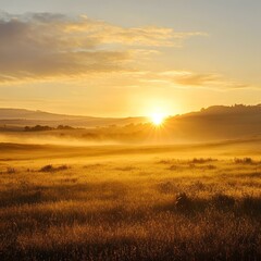 Fototapeta premium Misty Sunrise Over Golden Grassland with Light Fog