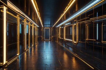Fototapeta premium Futuristic corridor with golden neon lights. Futuristic interior