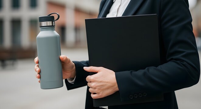 AI image shows businesswoman formal suit holding grey reusable water bottle black folder outdoors, ready for professional day ahead now