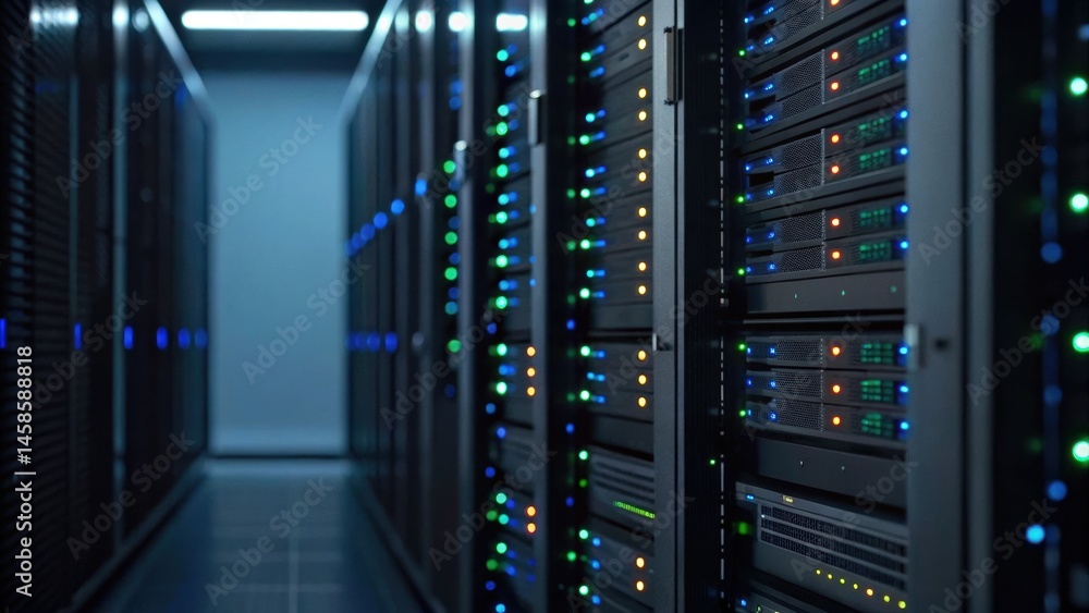Poster dark server room with rows of servers illuminated by blue and green lights, creating a high-tech atm