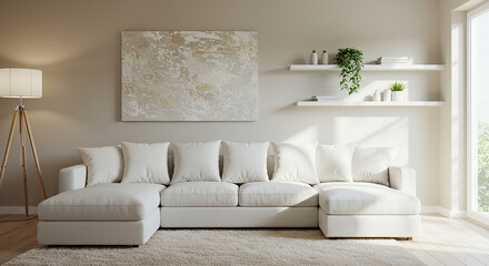 Title: Sunny Modern Living Room: Elegant White Sectional Sofa, Abstract Art, & Minimalist Decor. Perfect for Relaxing & Stylish Home Interiors. Bright, Airy Space with Natural Light.
