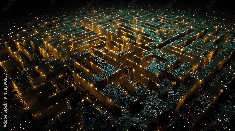 Poster complex circuit board maze illuminated with golden lights in a dark environment