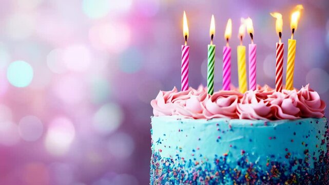 Celebratory birthday cake with pink frosting rosettes and lit candles against a soft bokeh background.