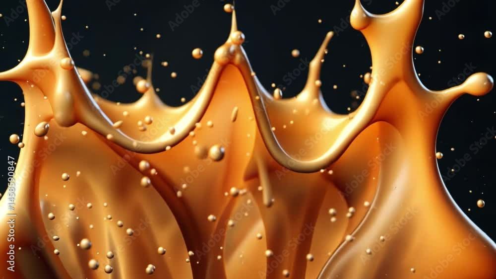Poster dynamic splash of golden liquid vibrant energy and fluid motion with textured droplets creating abst