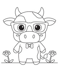 Coloring book cute cow wearing glasses and a bow tie 