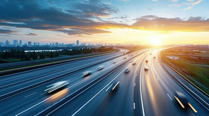 Obraz premium Stunning sunset over a bustling highway, showcasing dynamic traffic flow and city skyline.