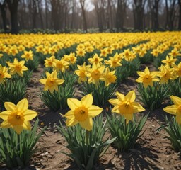 Fototapeta premium Sunlit field of vibrant yellow daffodils in full bloom , yellow, image, bright