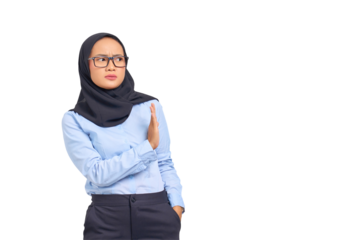 Portrait of annoyed young Asian woman crossing hands makes stop gesture, demonstrates rejection isolated on transparent background