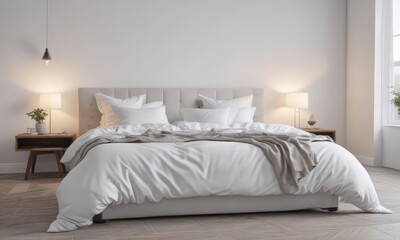 King-size bed, pristine white bedding, Scandinavian minimalist room , interior, white, decor