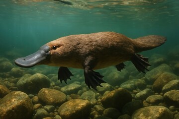 Fototapeta premium Platypus swimming underwater gracefully.