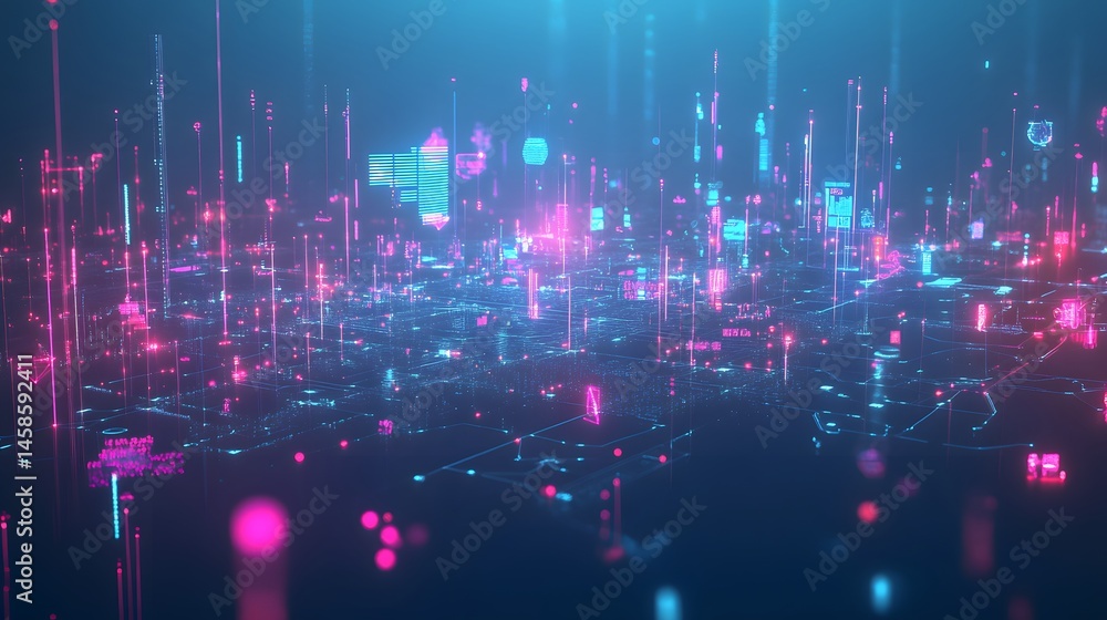 Poster abstract digital cityscape representation of data streams.