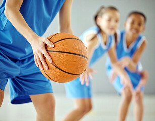 Naklejka premium Youth Basketball Players in Action – Close-Up of Dribbling and Team Movement in a Fast-Paced Indoor Game