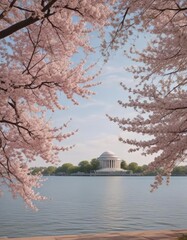 Obraz premium Jefferson Memorial framed by blossoming trees, United States, scenic