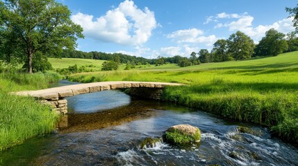 Fototapeta premium Serene landscape featuring a stone bridge over a tranquil stream on a sunny day.